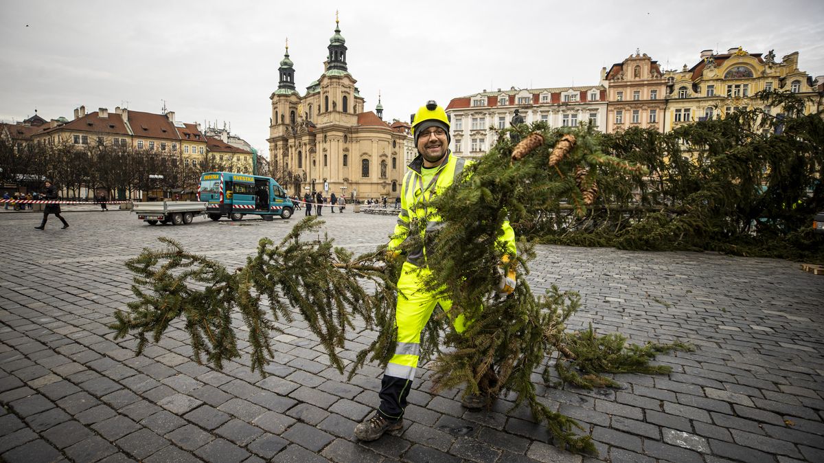 Obrazem: Vánoční strom v centru Prahy padl, podívejte se na jeho porcování